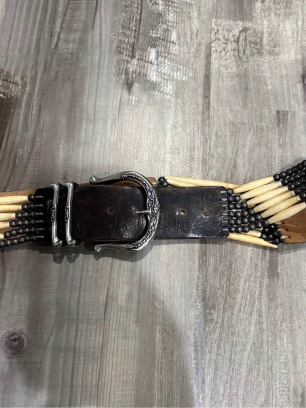 Vintage Marck Bellay Leather Sinew Bone Concho Bead Native American Belt Western